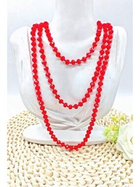 Red Glass Faceted Crystal Long beaded necklace